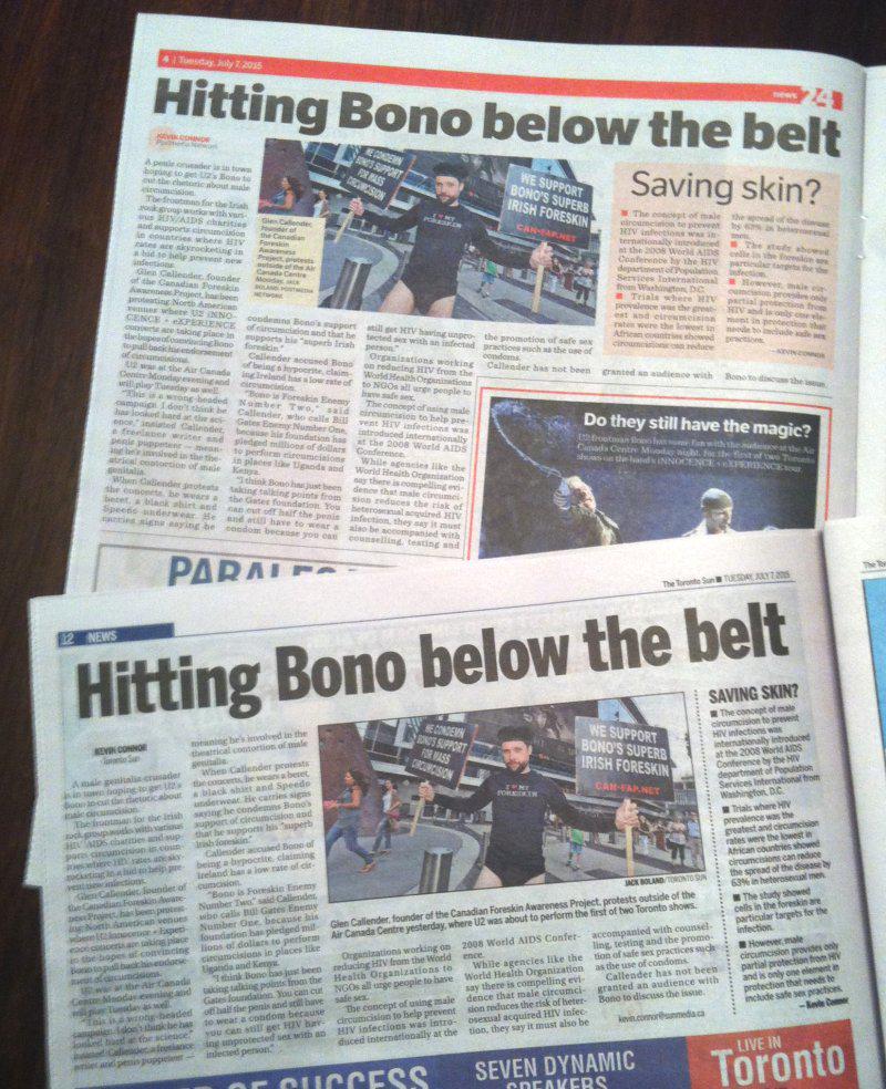 CANFAP's tweet image. Hey Bono @U2: Seems I'm "hitting you below the belt" in 2 Toronto papers today. Sorry. Coffee? torontosun.com/2015/07/06/ant…