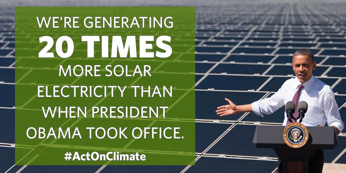 ObamaWhiteHouse's tweet image. We're generating 20 times more solar electricity than when @POTUS took office → go.wh.gov/SolarAccess #ActOnClimate