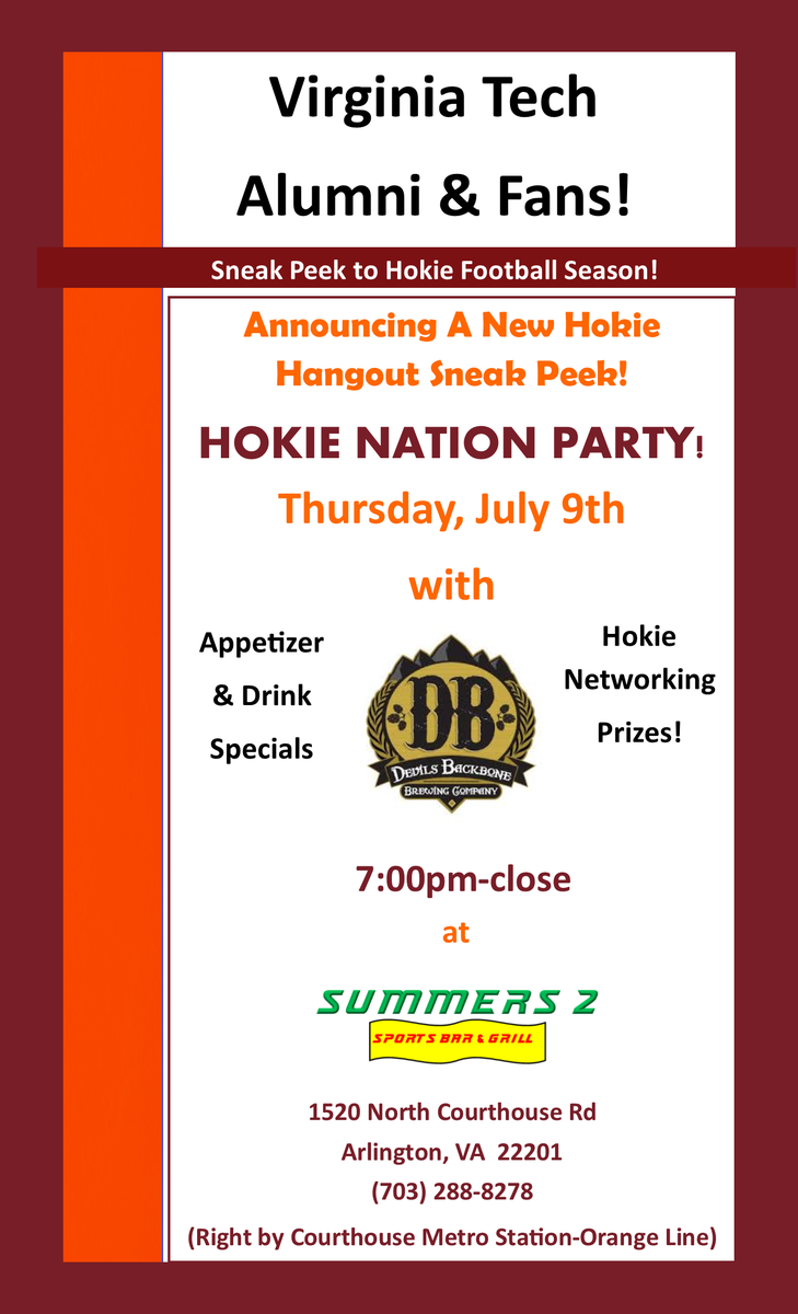 Summers2SB's tweet photo. #Hokie Nation Sneak Peak Party July 9th 7:00pm @Summers2SB !! @hokie_nation @HokieRetweets @hokiesbuzztap @hokiejoe3 http://t.co/WHwWDEkilG