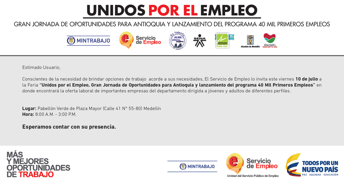 AlcaldiaEnv's tweet image. Feria Unidos por el empleo, gran jornada de oportunidades para Antioquia. @MintrabajoCol