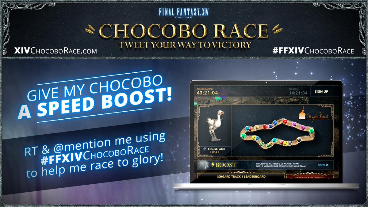 zaragami's tweet photo. The Chocobo Race is on! Retweet or reply with #FFXIVChocoboRace to cheer me on! Watch me at http://t.co/H5jKqiOmPw http://t.co/n7V3tsuduO