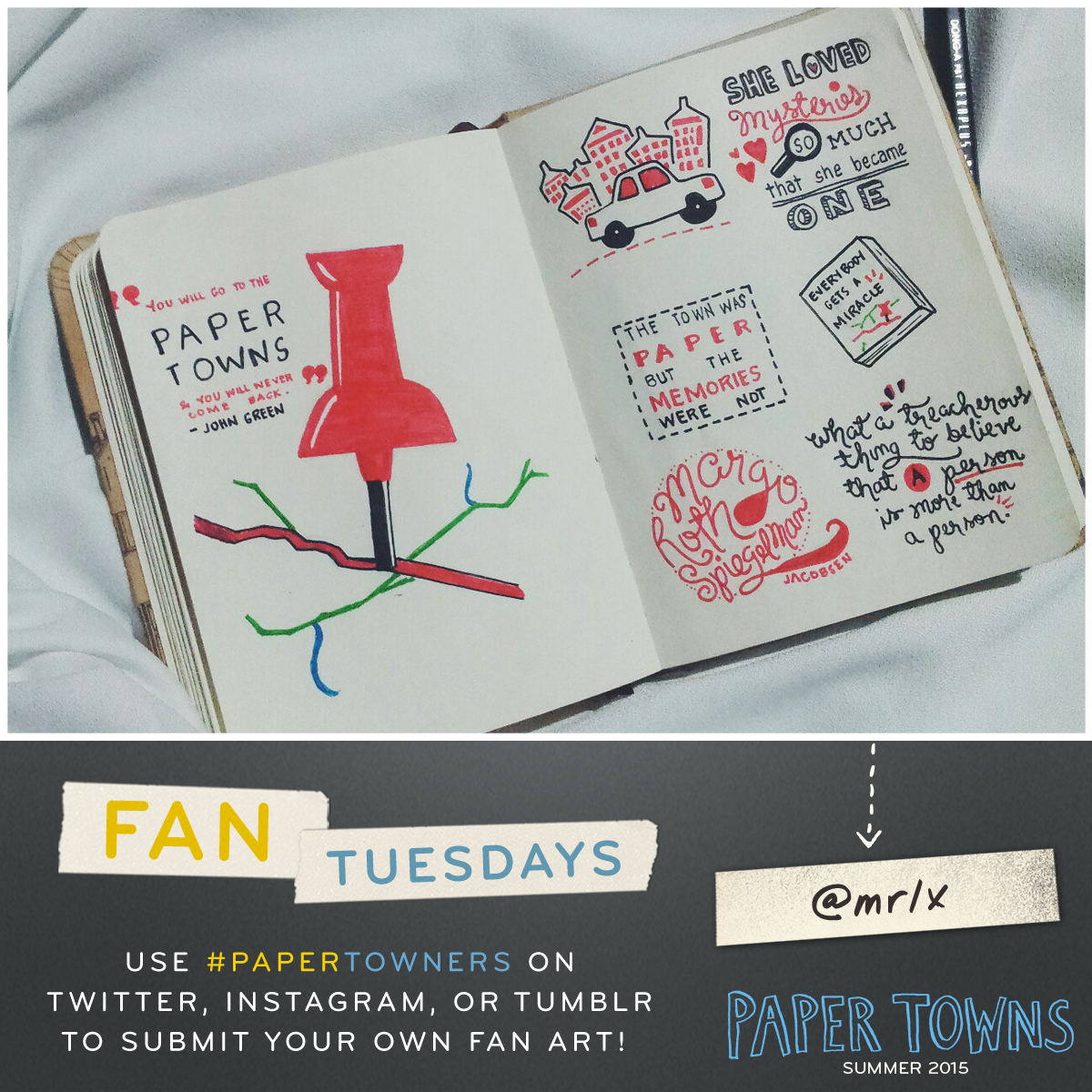 PaperTownsMovie's tweet photo. Merl journaled the journey to #PaperTowns. Get your fan art shown, submit using #PaperTowners! http://t.co/SnE6UDEdms