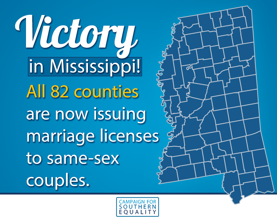 SouthernEqual's tweet photo. Today, all 82 counties in Mississippi *finally* complied with the SCOTUS ruling on marriage equality. #MSmarriage http://t.co/i0fBr1CkId