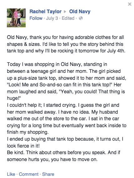 BuzzFeed's tweet photo. This plus-sized woman took a stand after she witnessed fat-shaming in Old Navy http://t.co/2TniUSH2LY http://t.co/lUh4OSaHQX