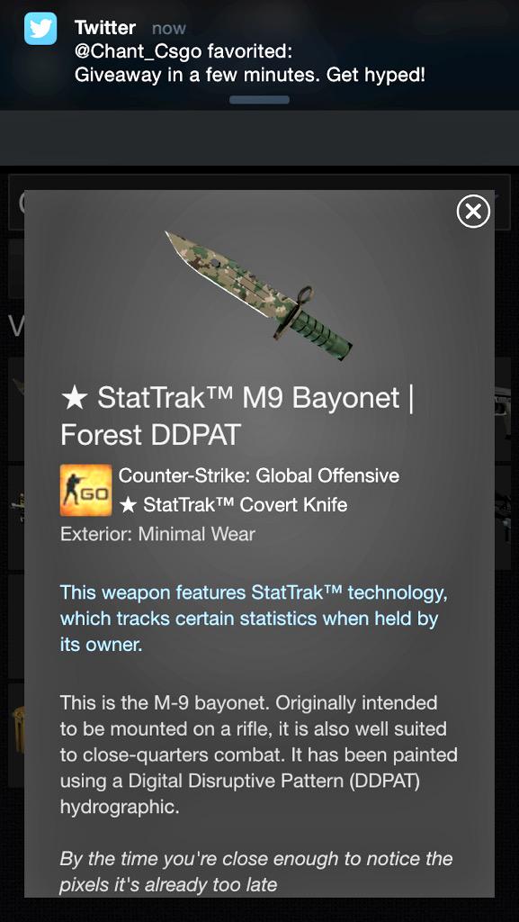 ShitSiIversSay's tweet image. ★ StatTrak™ M9 Bayonet | Forest DDPAT (Minimal Wear) GIVEAWAY! TO ENTER: RETWEET, FAV, AND FOLLOW! ENDS ON JULY 27TH!