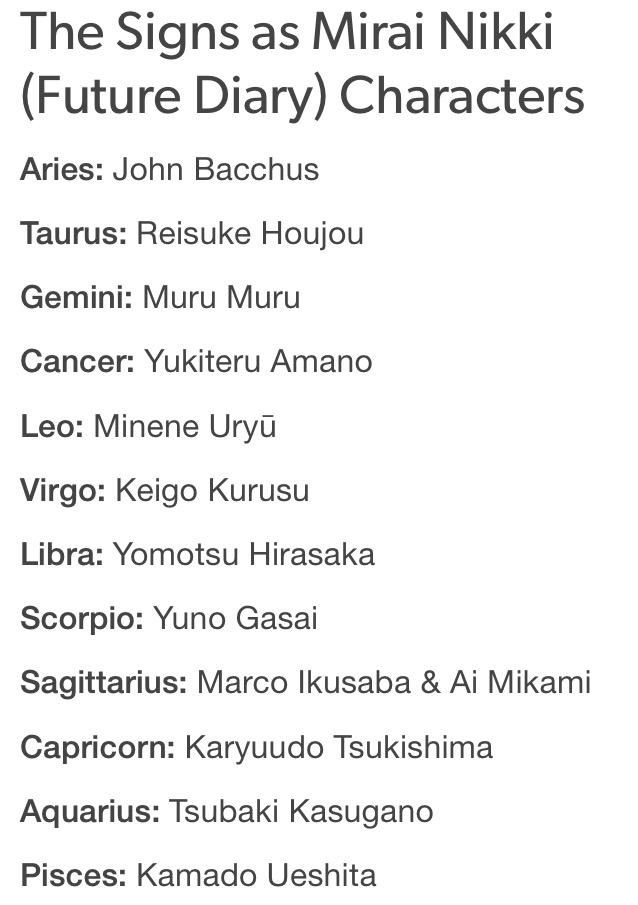 anime astrology on X: The Signs as Mirai Nikki (Future Diary