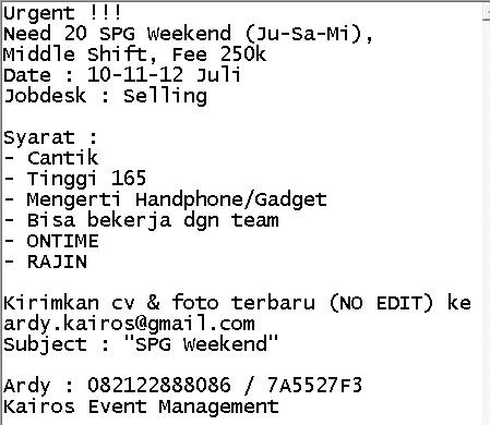 <a href="/lokerspg/">LokerSPG</a> Need many SPG Weekend[Roxy], Goodlooking,rajin,ontime,middleshift,fee250k,syarat baca di picture ya