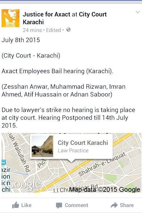 Dannrasheed's tweet photo. Karachi Hearing Update!
(8th July 2015)

Due to Lawyer'S Strike. Hearing Postponed till 14th July.
#StandwithAxact http://t.co/0JDUYLYb54