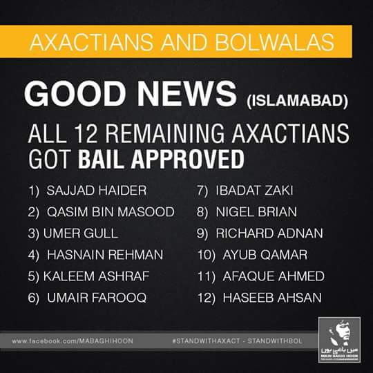 Dannrasheed's tweet photo. Good News!
All remaining 12 Axactians from Islamabad got Bail approved.
#AxactWon #StandwithAxact http://t.co/FR2DqElVte