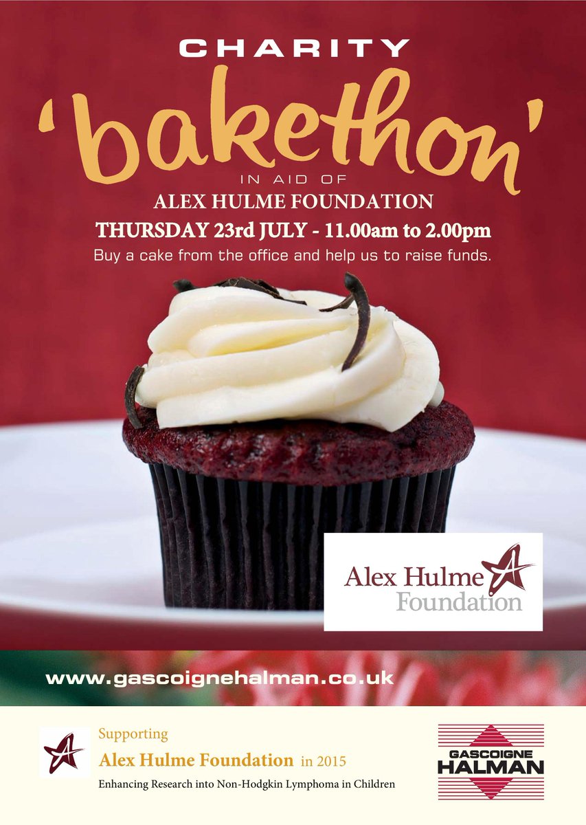 GascoigneHalman's tweet photo. We are holding a Bakeathon in our #SALETOWN office to support @alexhfoundation on Thursday July 23rd from 11-2! #cake http://t.co/gK5CXyBsom