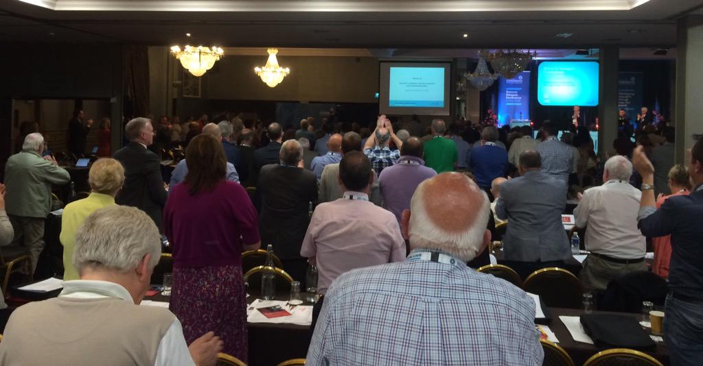 CWU's tweet photo. Standing ovation at #BDC15 for brave and stirring speech from @DunnesWorkers activist #decencyfordunnes http://t.co/dn37y6ls9I