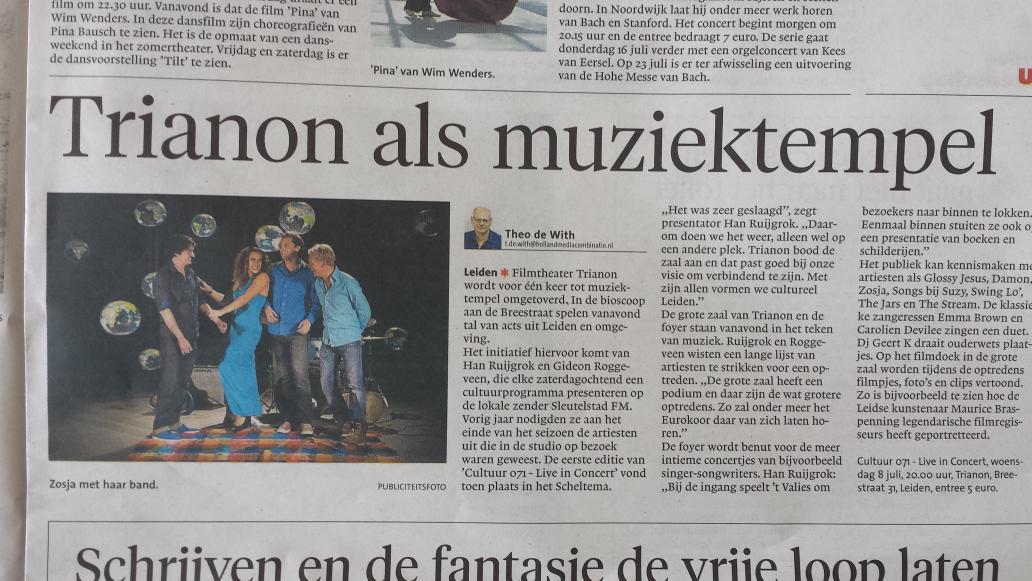 Leuk stukje in <a href="/leidschdagblad/">Leidsch Dagblad</a> over <a href="/live_071/">live071</a> in #trianon #bioscoop #leiden #vanavond #zosjamusic #concert