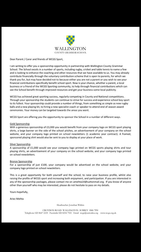 Dear Parents/ Carer and friends of WCGS Sport. Please see the attached to sponsor WCGS SPORT!