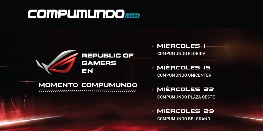 compumundo's tweet photo. Conocé las increíbles máquinas #RepublicOfGamers los miércoles de julio a las 18h en estas sucursales Compumundo! http://t.co/noiB1vbcTK
