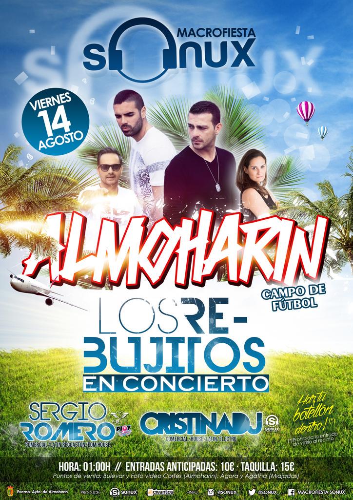 sonux_'s tweet photo. MACROFIESTA SONUX el 14 de agosto en #ALMOHARIN! Concierto de @losrebujitos + @SergioRomero_Dj + @crisstinadj! 🎉🎉🎉🎶🎶 http://t.co/SrrH3DDV2r