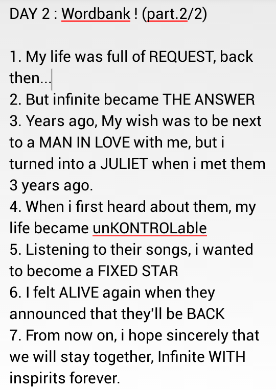 HowonsYaya's tweet photo. @MsInspirit1 #InfiniteChallengeGame #ICGD DAY 2 : #Wordbank ! ❤ http://t.co/WZcUD53FW3
