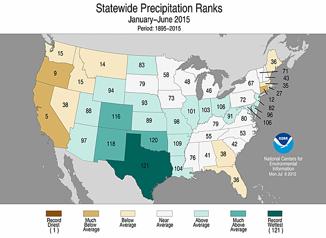 NOAA's tweet image. Jan–June 2015 was 19th wettest such period for contig USA per @NOAANCEIclimate #StateOfClimate 1.usa.gov/1CYl1ME