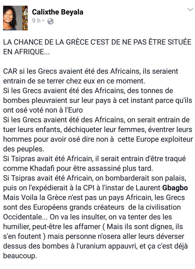 ToussaintAlain's tweet photo. Heureux qui, comme #Tsipras, n'est pas dirigeant Africain... Merci Calixte Beyala. #Kadhafi #Gbagbo http://t.co/r8aEF5CVSm