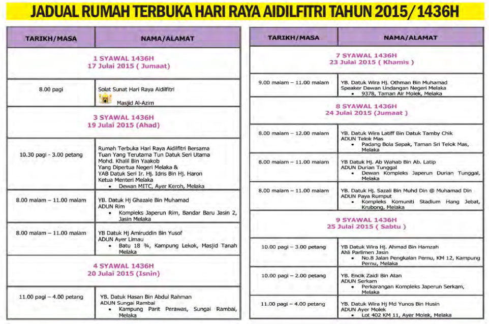 MelakaNegeriku's tweet photo. Jadual Rumah Terbuka Hari Raya Aidilfitri Tahun 2015/1436H. #Melaka http://t.co/guKJH3wIFY