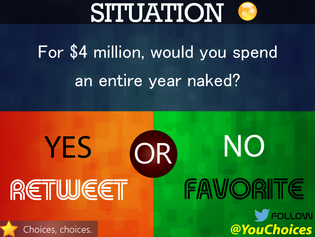 YouChoices's tweet photo. A year naked? http://t.co/lVFt1xfDEg