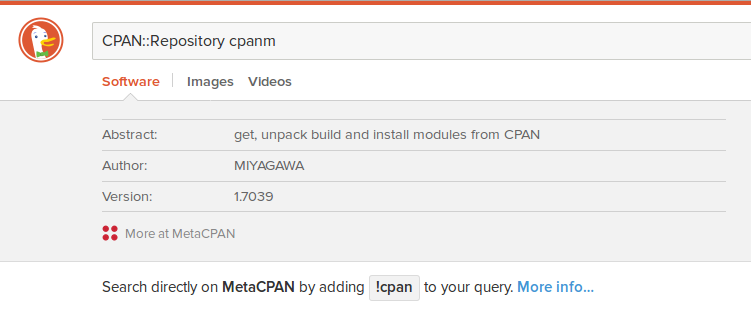duckduckhack's tweet photo. The CPAN module search #InstantAnswer has been updated. Thanks to digital-carver & @MetaCPAN
https://t.co/HbcnDvTZ8F http://t.co/nR2UdfhOMd