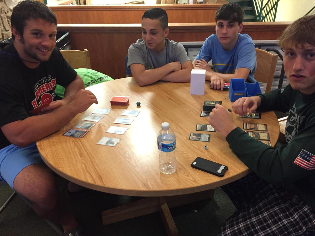GoGreenWrestle's tweet photo. Magic the Gathering game at camp #nerdbomb http://t.co/D2YAnVzBSA