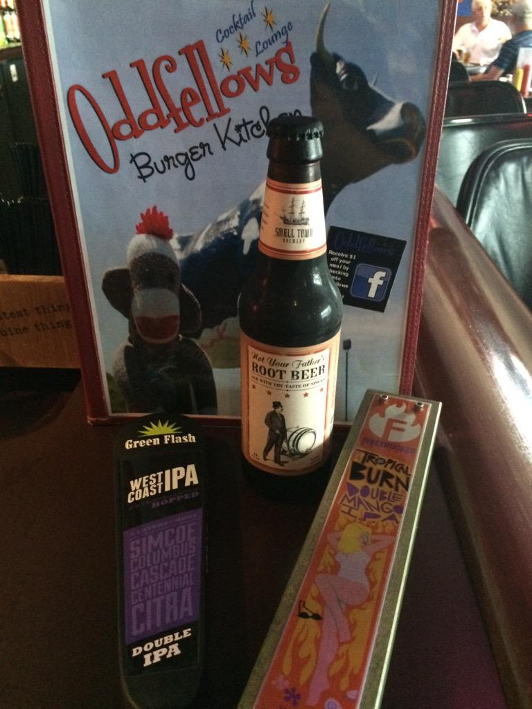 OddfellowsAmes's tweet photo. Some new beers in house. Fire trucker's Tripical Burn, Green Flash West Coast IPA and NYF's Root Beer.        Cheers! http://t.co/iscababIfB
