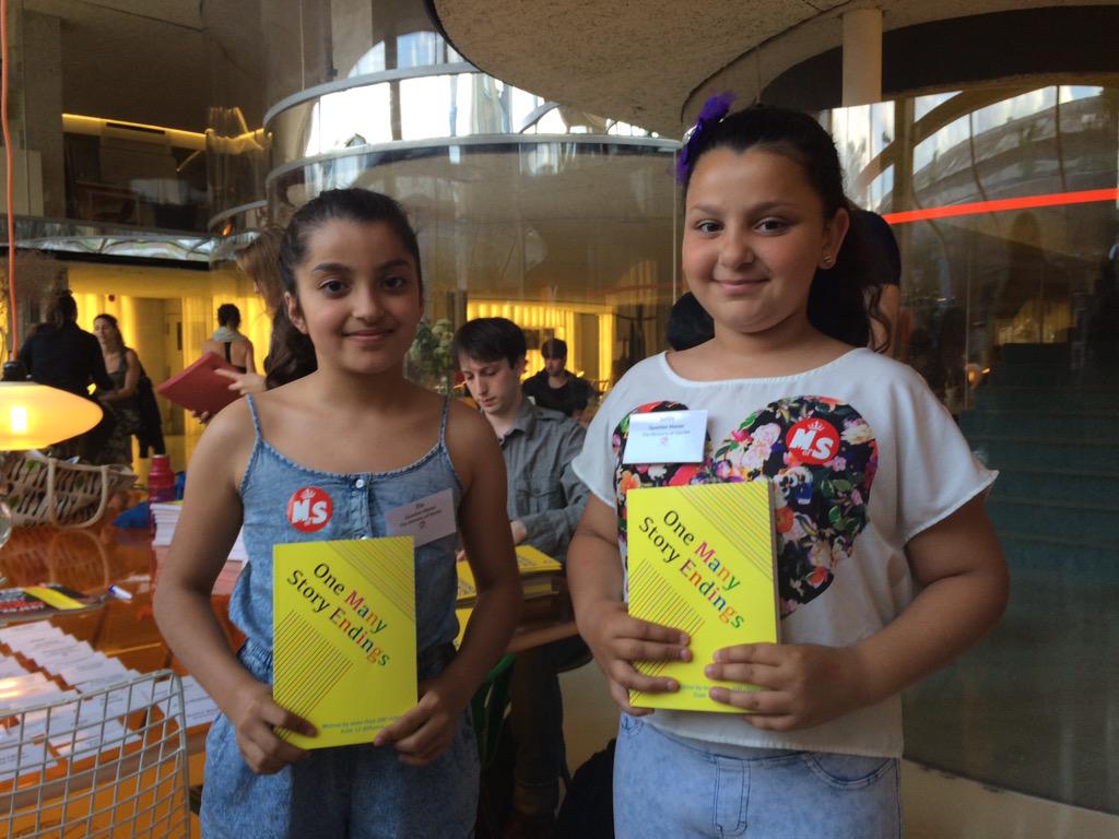 Mini_Stories's tweet photo. Question Masters Ela and Selin pose with their creations #OneStoryManyEndings #WriteBright2015 http://t.co/u3wOtQAb31