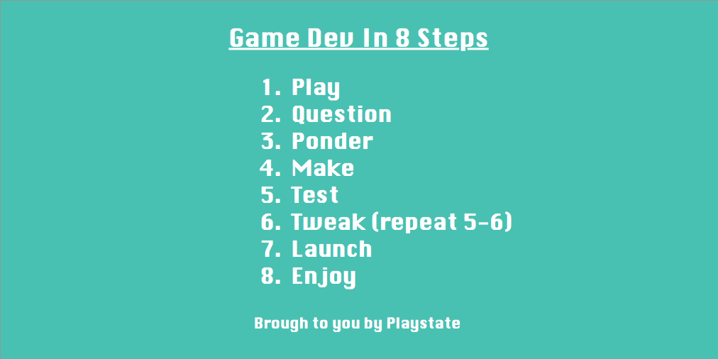heyplaystate's tweet photo. Game Dev in 8 Steps #Gamedev #Indiegamedev #Playstate #iosdev #androiddev #mobilegames http://t.co/6oBWX8x13C