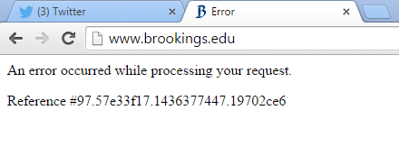 EmmaPerry_'s tweet photo. Hmm... Is @BrookingsInst website (http://t.co/XKX9wqdflc) down for anyone else? Keep getting this error. #Brookings http://t.co/UiRaMbjLSr