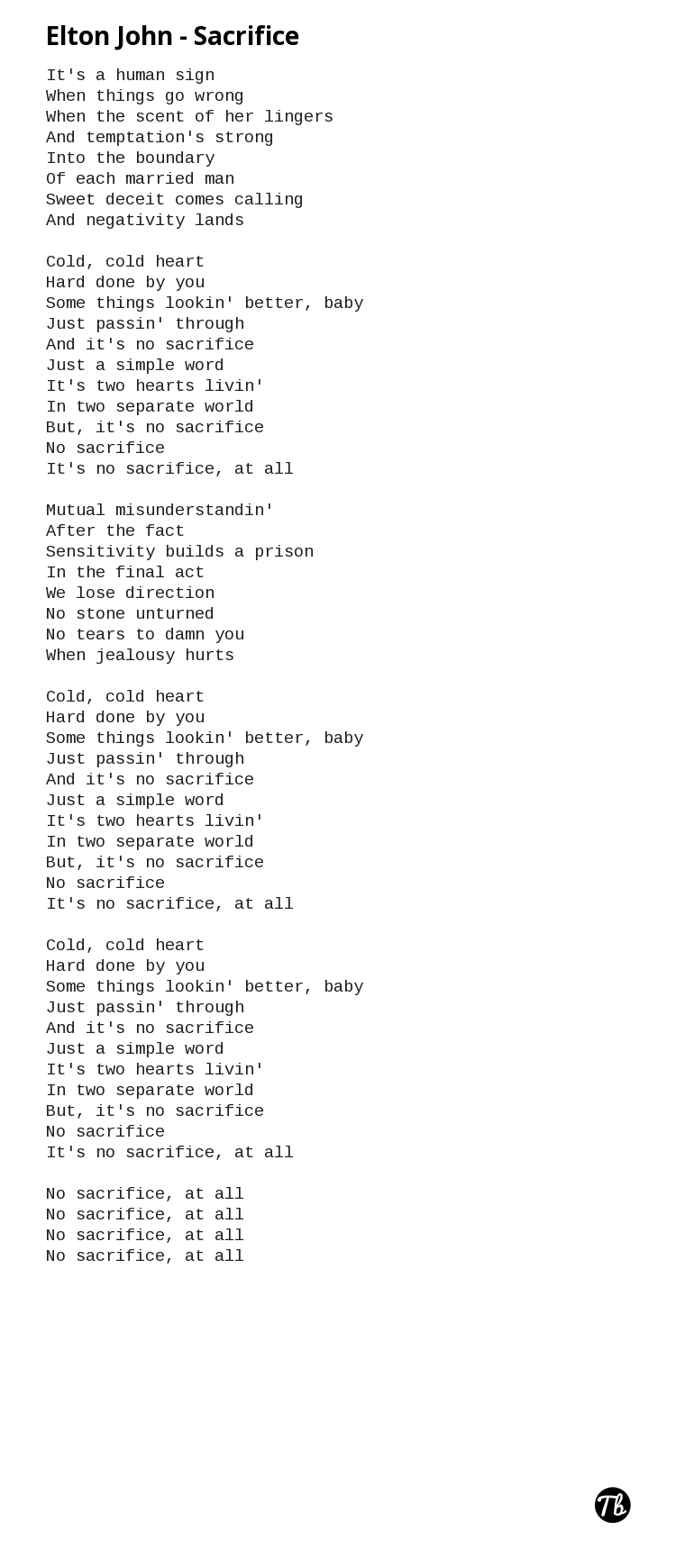 Musiq Lyrics on X: Elton John - Sacrifice  #lyrics  @eltonjohndotcom via @TweetBeeg  / X