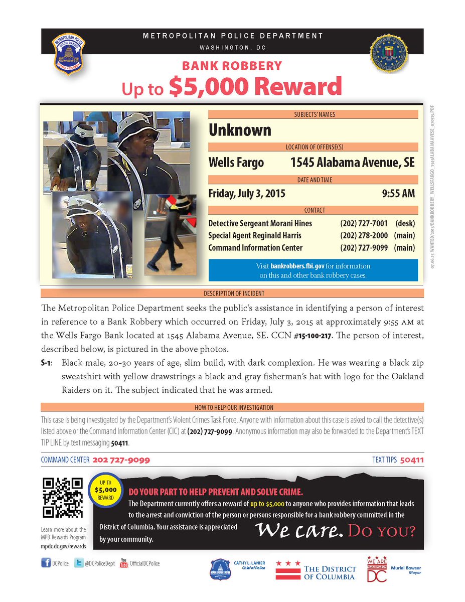 DCPoliceDept's tweet photo. WANTED for Bank Robbery at Wells Fargo, 1545 Alabama Ave, SE, on 7/3. Help us ID? Call (202) 727-9099/text 50411. http://t.co/ypn39Tx6JN