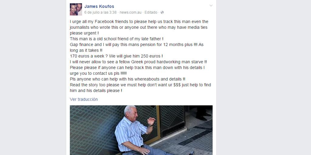 verne's tweet photo. Un australiano recoge fondos para pagar la jubilación al pensionista griego de la foto icónica http://t.co/5Lm0eRqUO4 http://t.co/CphCtdW98T