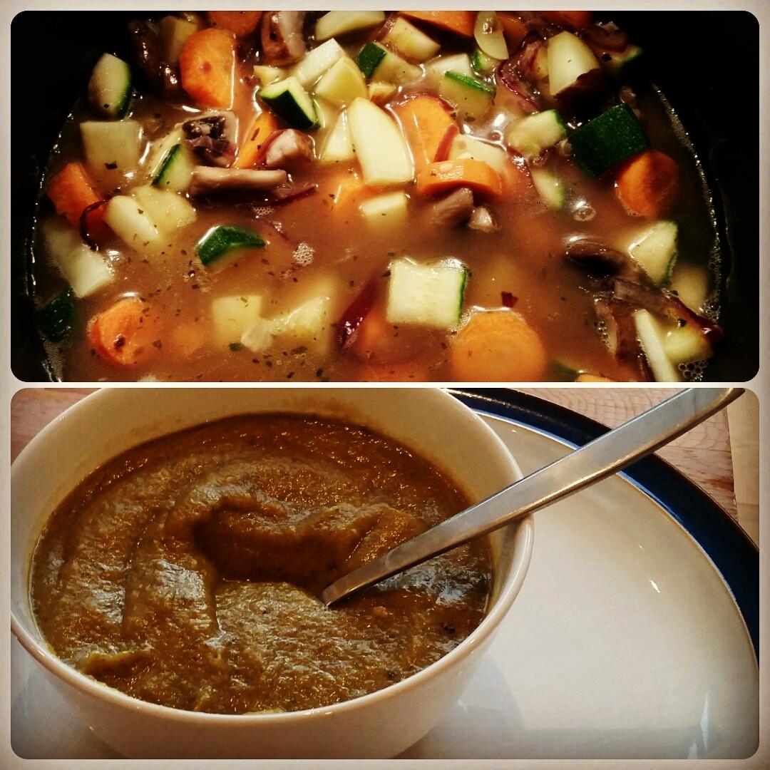 Too hot for soup but had to use up veg before my holiday. I freestyled with what I had and it's delicious! 💚💛🍄🍅🍆