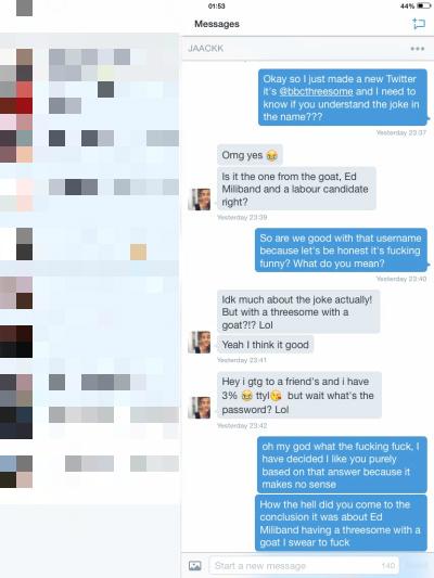 bbcthreesome's tweet photo. if you need a reason to follow us just imagine that this was literally our first conversation http://t.co/3UYZFWgwXk