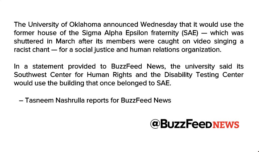 cstokes773's tweet image. University Of Oklahoma Will Use Shuttered Fraternity House For Human Relations Center buzzfeed.com/tasneemnashrul…  #CSL490
