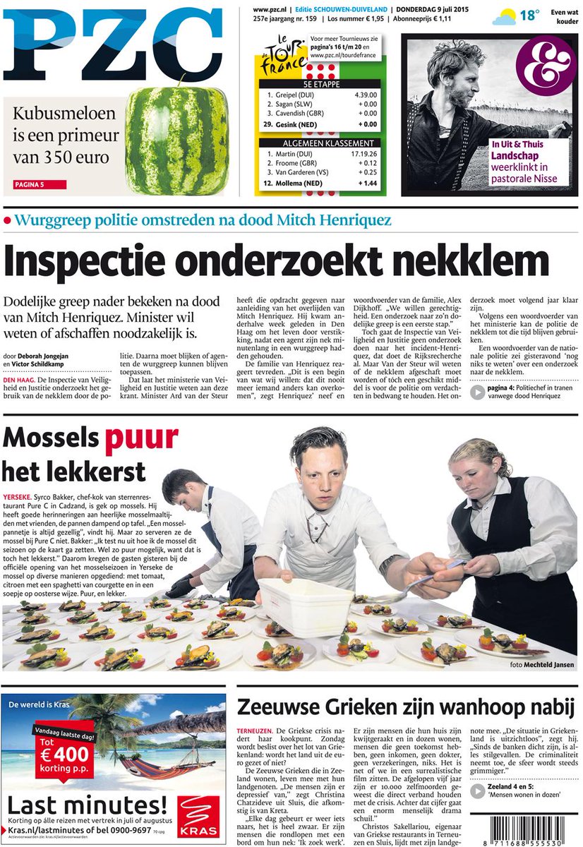 De voorpagina van donderdag 9 juli! Met onder meer: Inspectie onderzoekt nekklem en de opening van het mosselseizoen