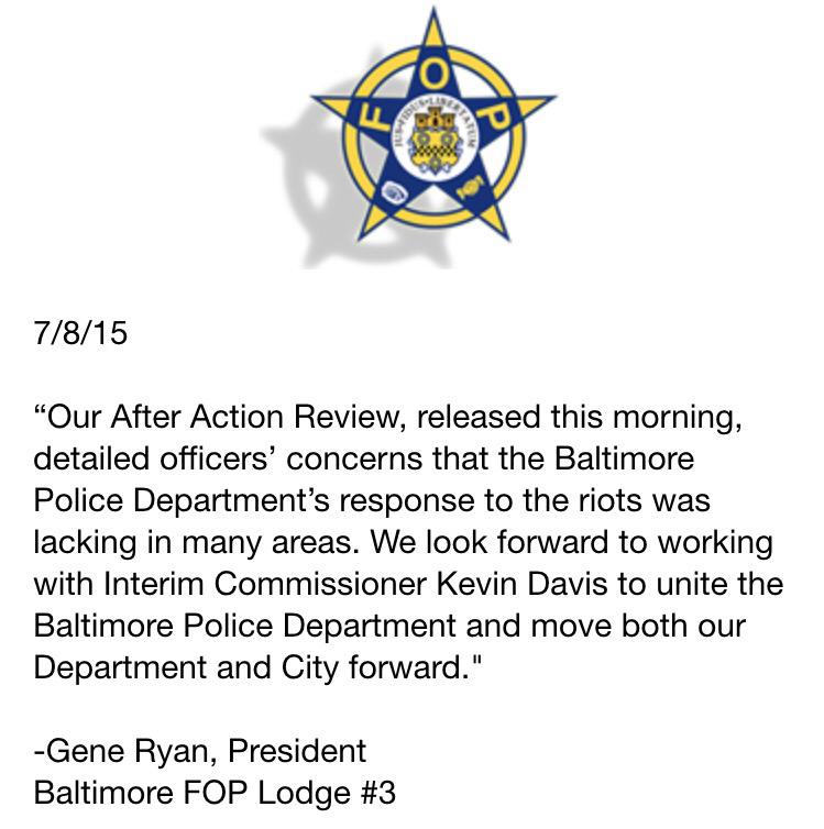 brandonlongo's tweet photo. Gene Ryan, Baltimore FOP President issues statement on firing on #AnthonyBatts. #Baltimore http://t.co/ZlqCF5nqqO