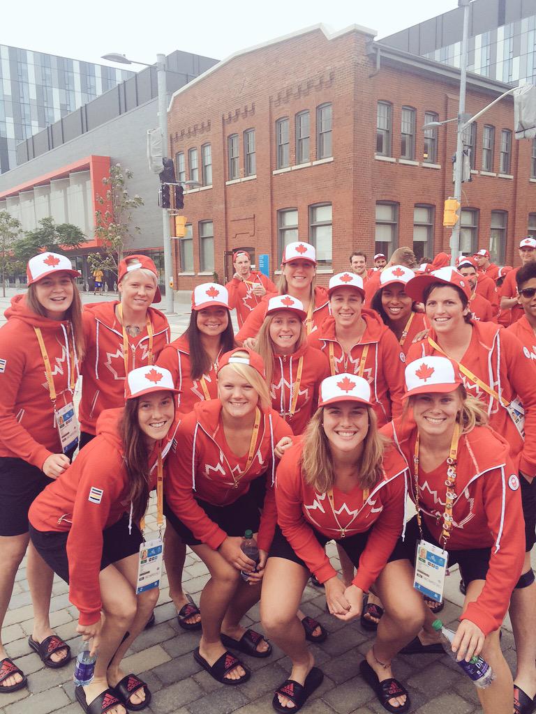 RugbyCanada's tweet photo. Group shot of our Women's #Sevens about to walk into the #TO2015 Team Welcome Ceremony! Keep your eye out on @CBC! http://t.co/nt7jGkBBqs