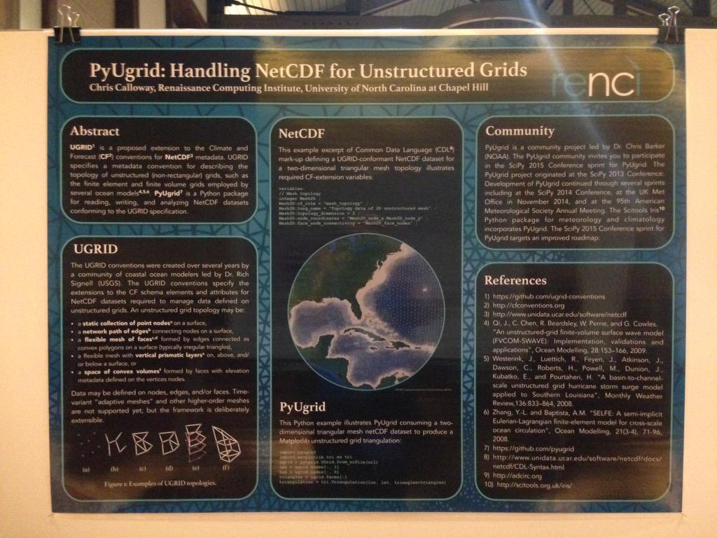tripython's tweet image. #tripython at #scipy2015: @cbcunc entry into the poster session. #pyugrid sprint this weekend.