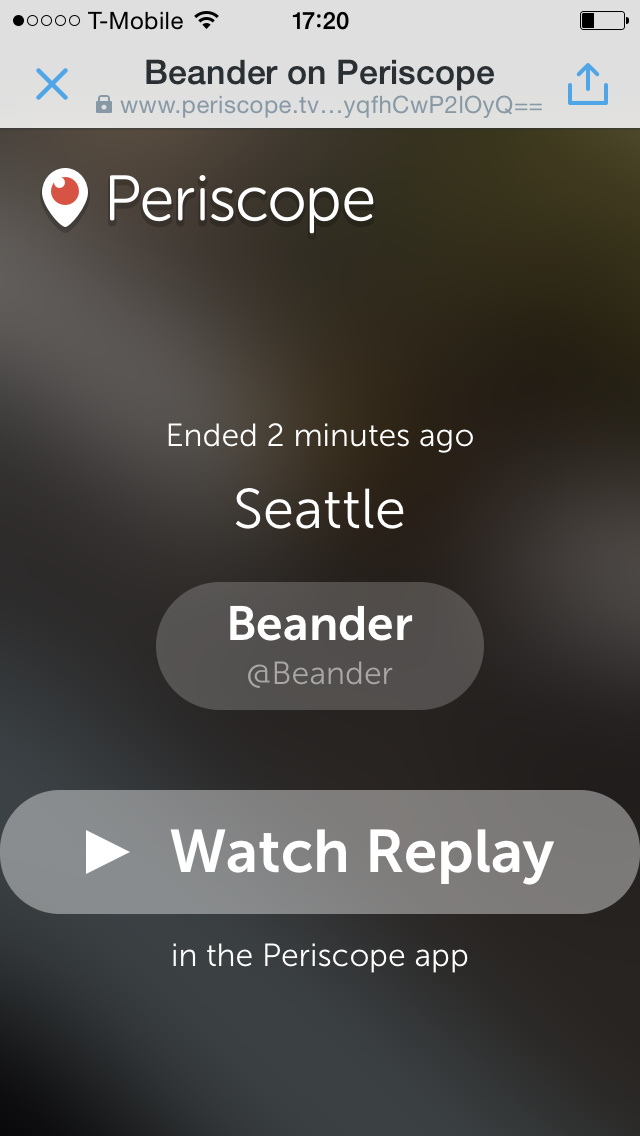 Beander_'s tweet photo. @periscopehelp within Twitter app, “Watch replay” link does not work if user does not have app installed. Any solve? http://t.co/wbiKKW20E3