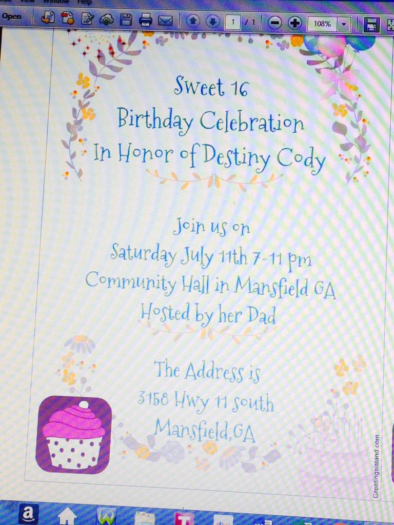CodyDestiny's tweet photo. My sweet 16 party July 11 @7:00 ends @11:00 http://t.co/AFzItuE7rK
