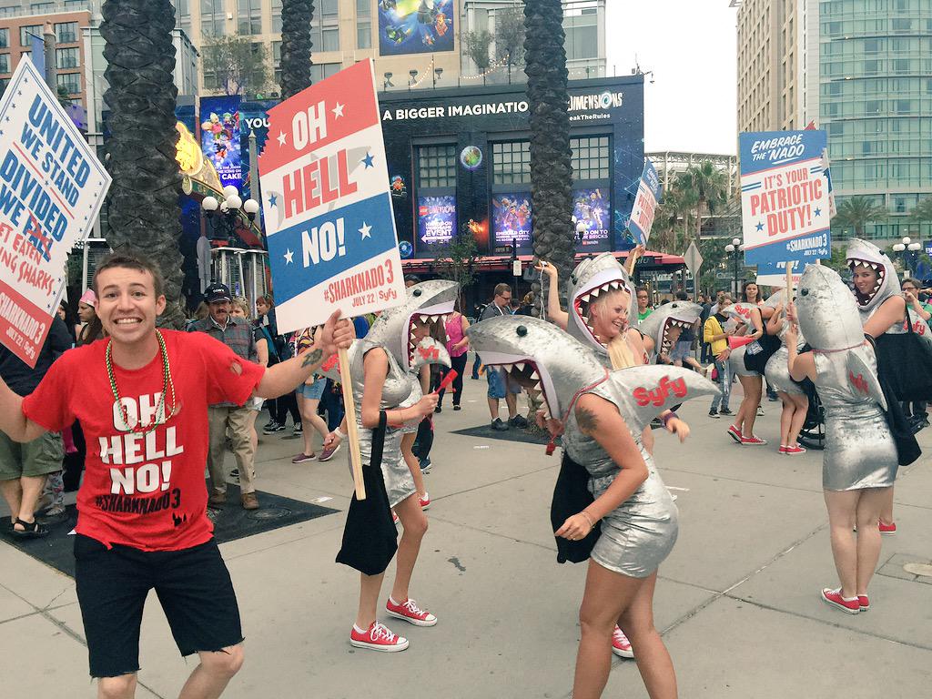 sdcc2015's tweet image. Lots to do even on Preview Night, head over to the @GaslampQuarter! @SharknadoSyfy protesters are in full swarm!