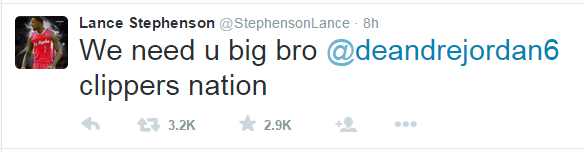 ChrisSmoove's tweet photo. Lance Stephenson does it again! DeAndre Jordan with the shot clock cheese change of heart to stay with the Clippers! http://t.co/dEuZJBYZHc