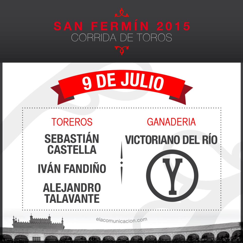 Esta tarde en Pamplona : toros de #victorianodelrio para <a href="/SebCastellaMex/">SebastianCastellaMex</a> <a href="/aletalavante/">Alejandro Talavante</a> e <a href="/ivanfandino/">Ivan Fandiño</a>. Suerte!