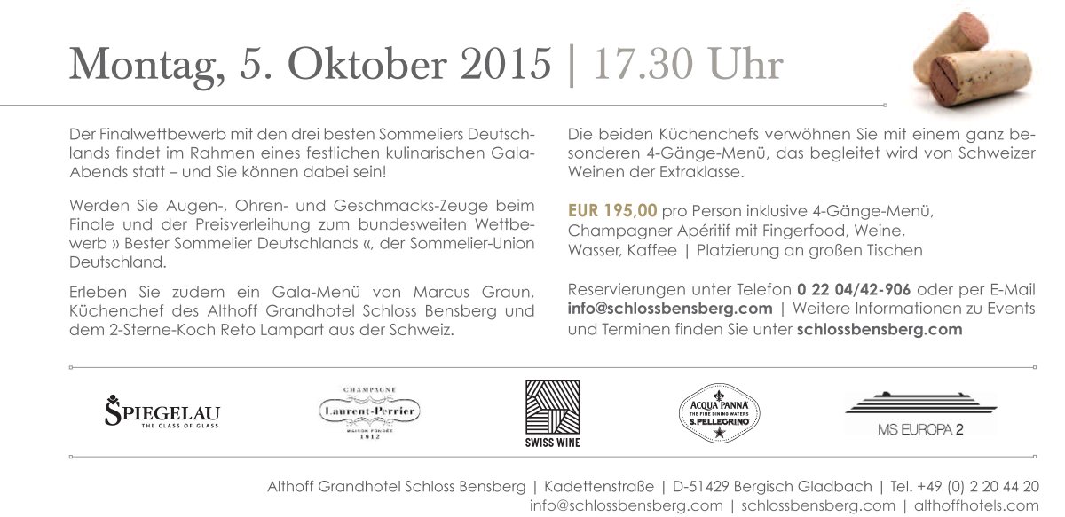 EINLADUNG Finale und Preisverleihung der 3. Trophy Sommelier-Union DE am 5.10. im Grandhotel Schloss Bensberg @su_de