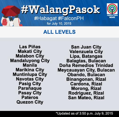 ABSCBNNews's tweet image. UPDATED (3:50PM): Class suspensions for July 10. Refresh this link for updates: bit.ly/1HjyS1e #WalangPasok