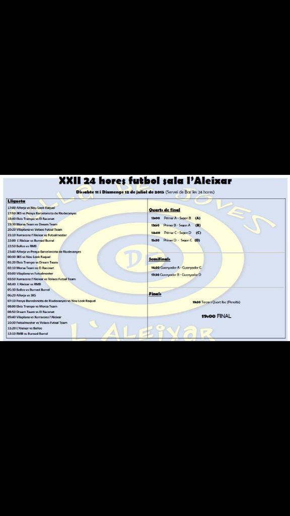 jovesAleixar's tweet photo. Aquest cap de setmana.. 24 hores de futbol sala a L'Aleixar!!! L'horari dels partits és el següent #24fsaleixar http://t.co/5ybKKsiKQl