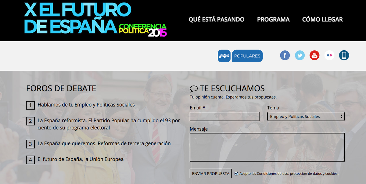 ppopular's tweet photo. Nuestra conferencia política será abierta. Envíanos tus propuestas a http://t.co/xvwOM3tmCz #xelFuturodeEspaña http://t.co/OuvSy3xn1h