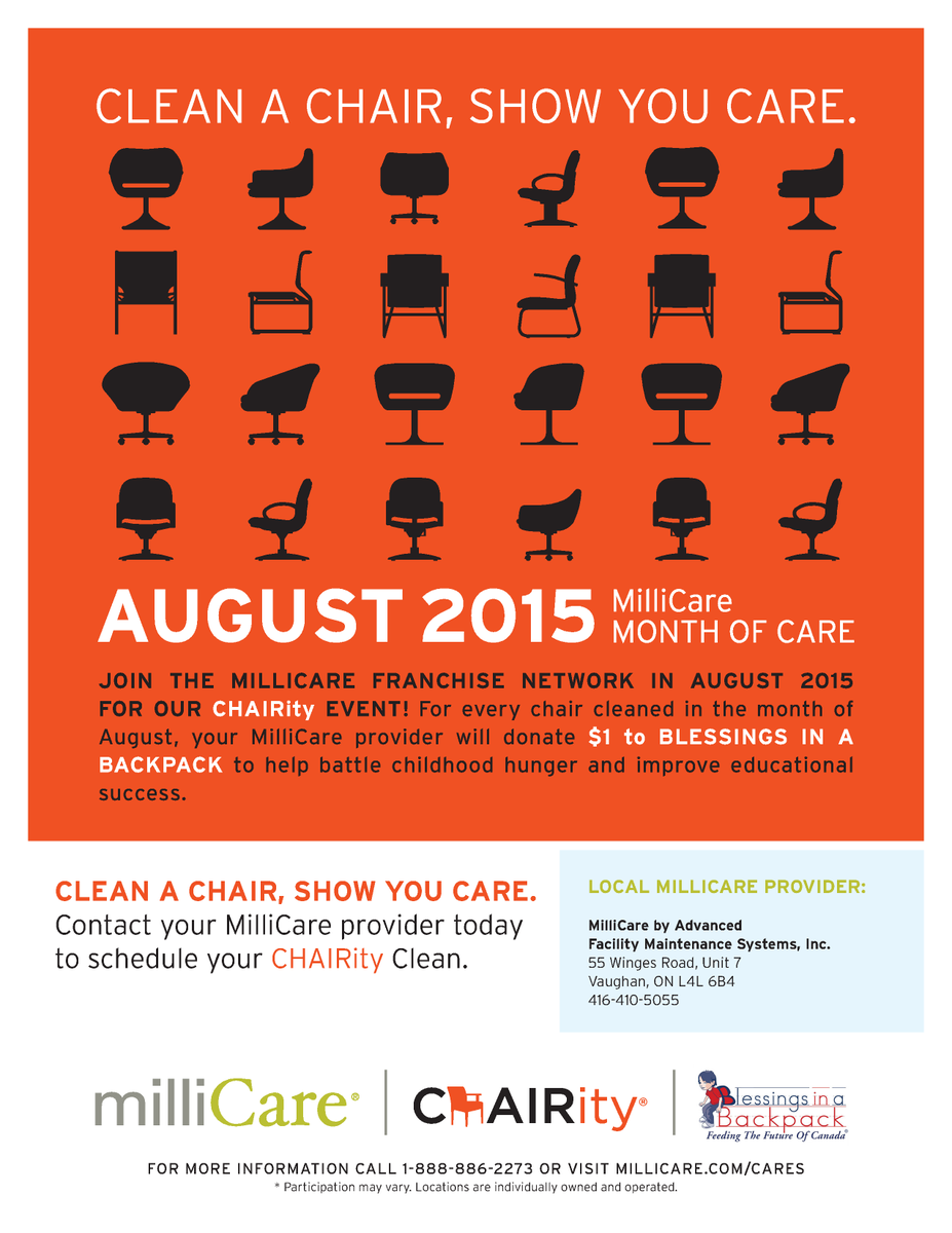 BIBCanada's tweet photo. For every chair cleaned this Aug, MilliCare will donate $1 to @BIBCanada Clean a chair, show you care! 416.410.5055 http://t.co/VgToiIwIXu